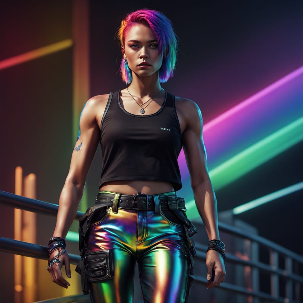 Butch Woman in Gritty Rainbow Metallic Glory