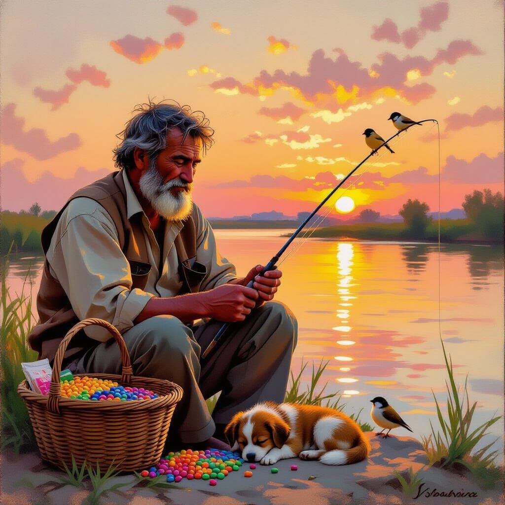 Fisherman's Sunset Peace with Puppy and Birds