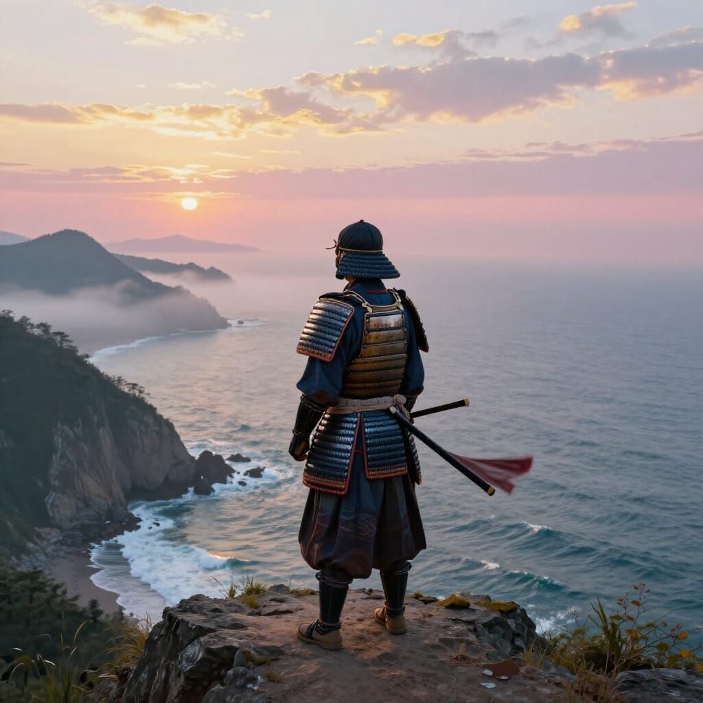 Lone Samurai on Cliff at Sunrise, Majestic Seascape