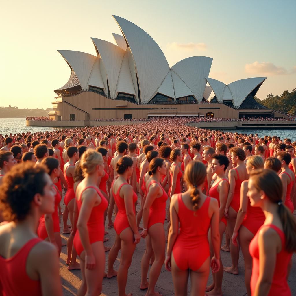 Vibrant Human Castle Erupts from Opera House Yard at Sunset
