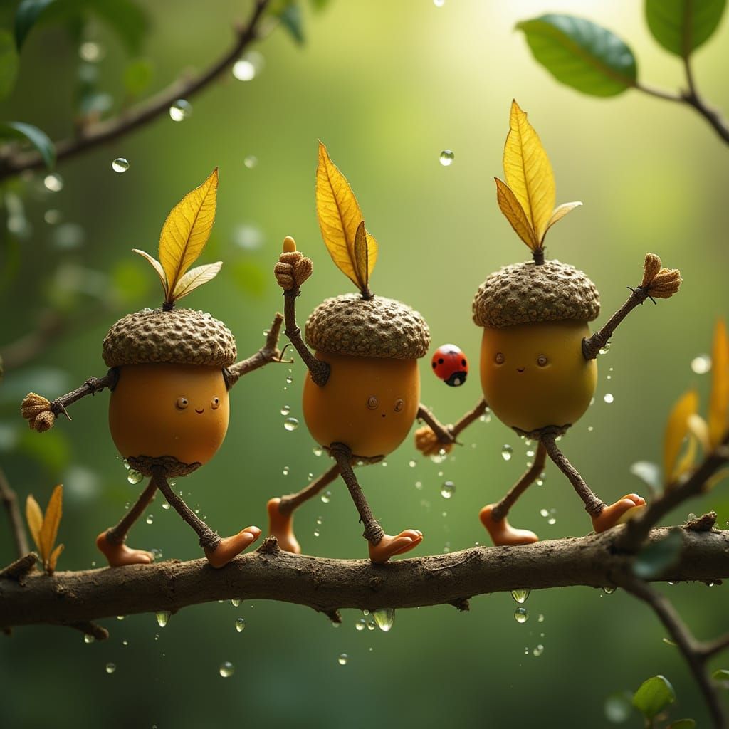 Whimsical Acorn People in a Forest Oasis