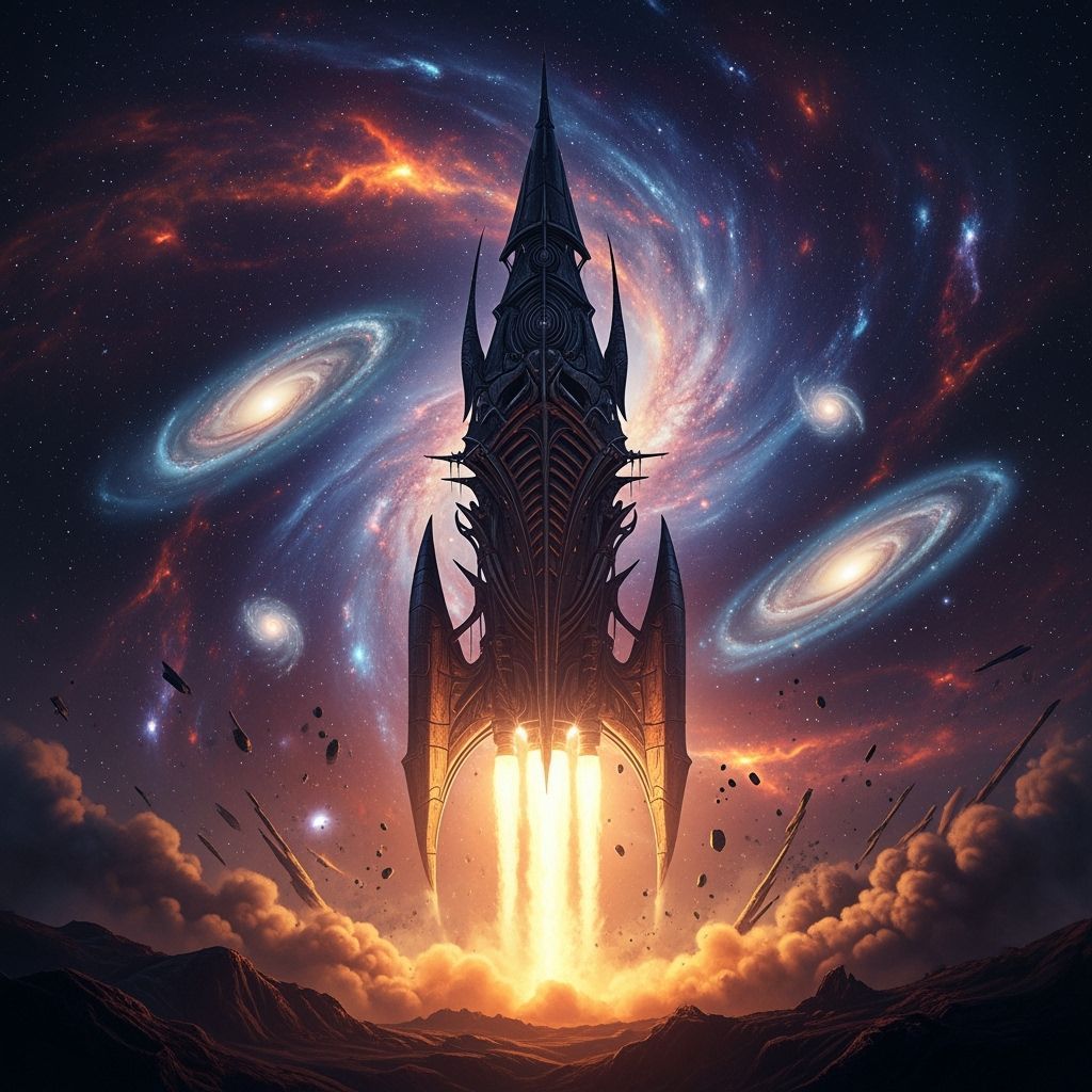 Rocket Launch in Starry Sky, Dark Fantasy Style