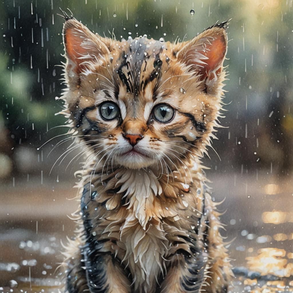 A Watercolor Portrait of a Sad Kitten in the Rain