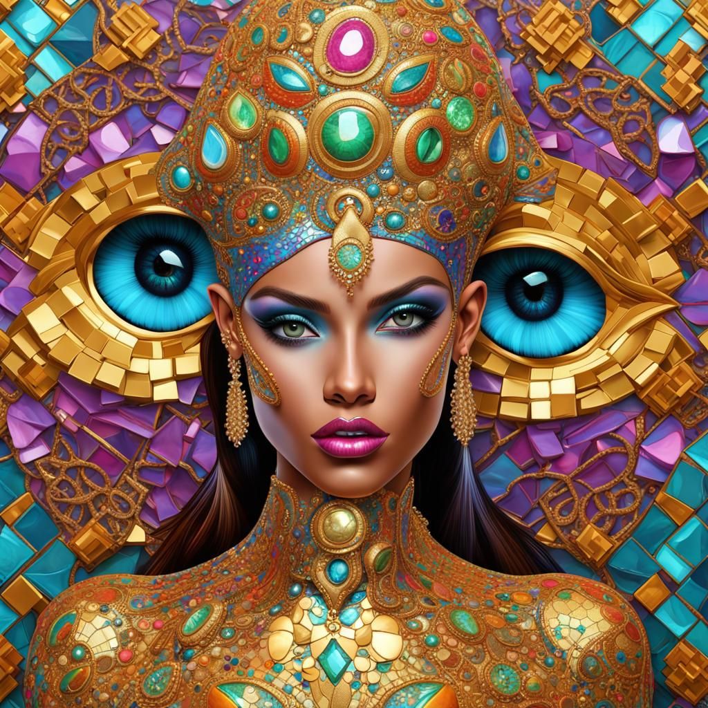 Glamorous Supermodel in 3D Gold Trim Mosaic