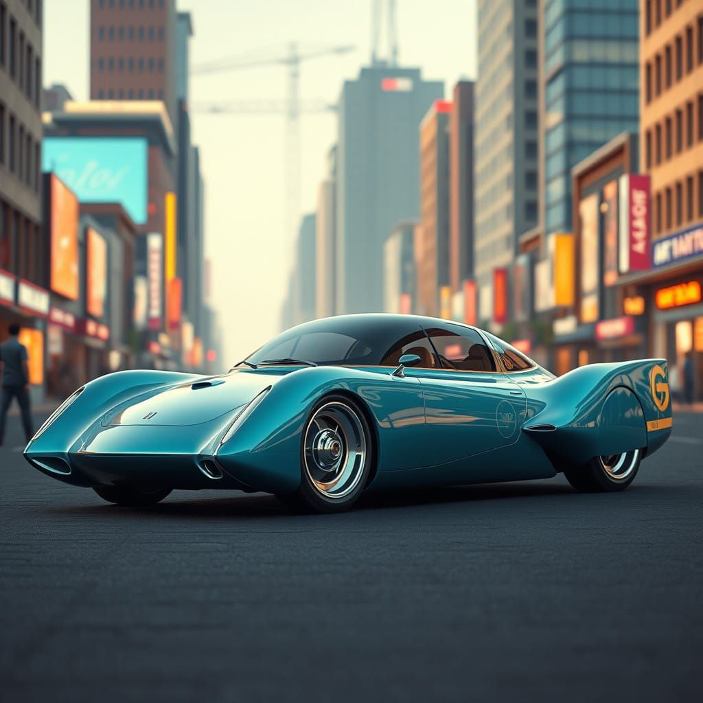 Sleek Futuristic Roadster in a Gridlocked 1950s Cityscape