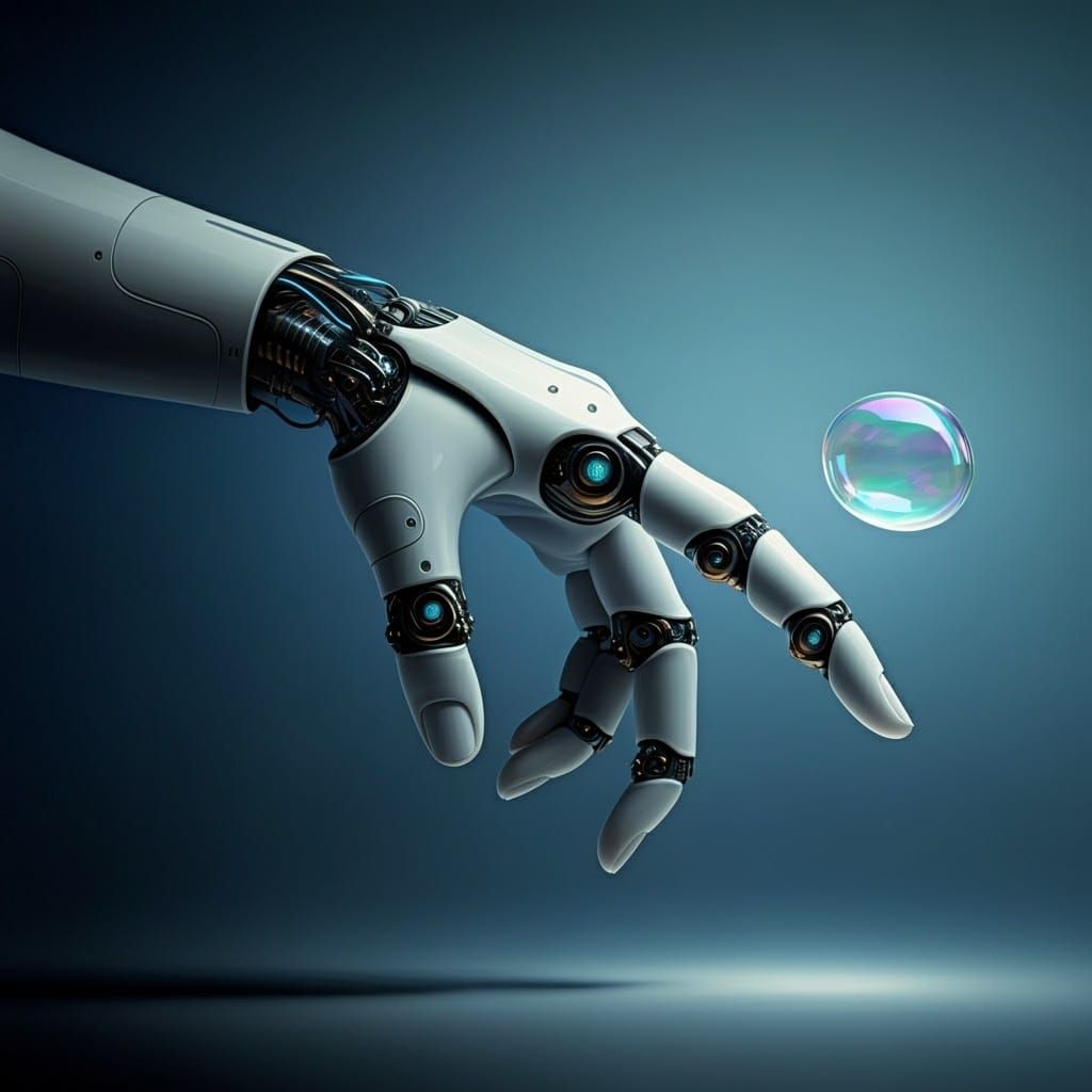 Android Finger Pops Luminous Bubble in Futuristic Landscape