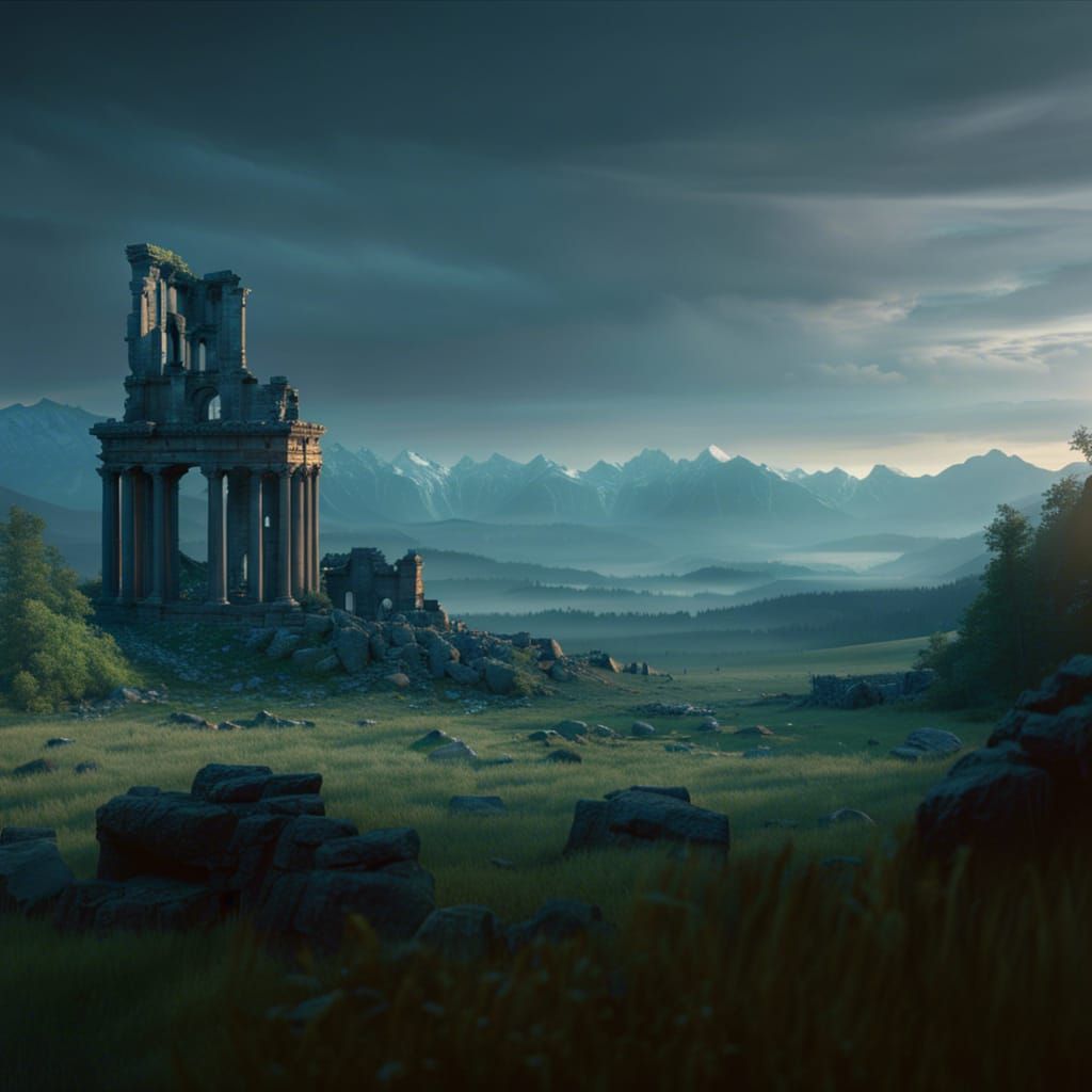 Epic Moonlit Ruins with Majestic Mountains and Forest