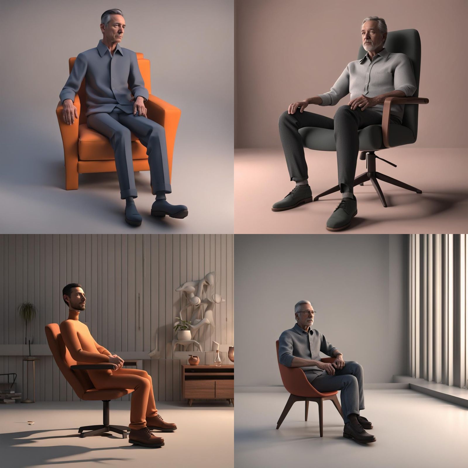 3D Man Sitting in Chair, Rendered in Realistic Style