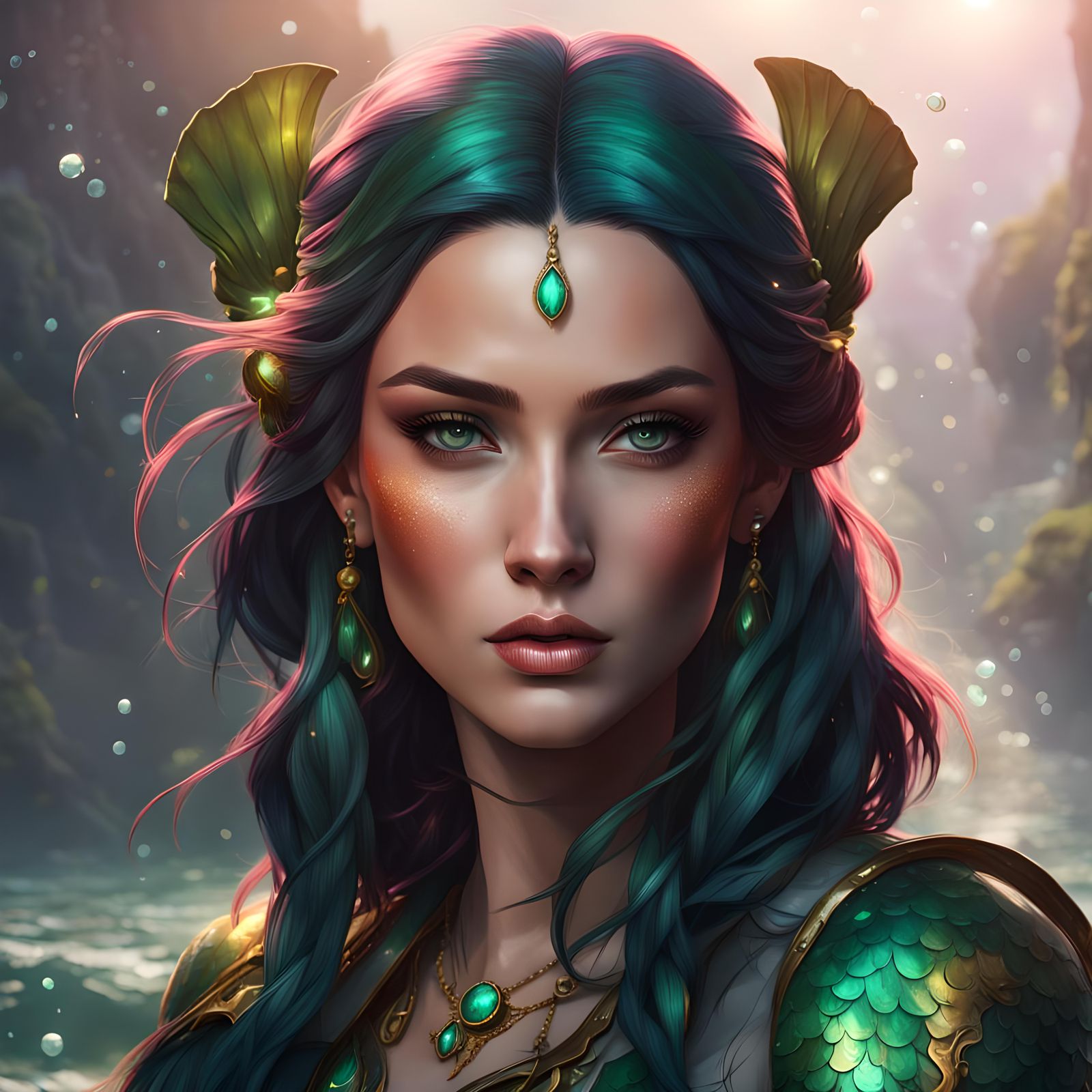 Stunning Dark Green Mermaid Portrait in Fantastical Style