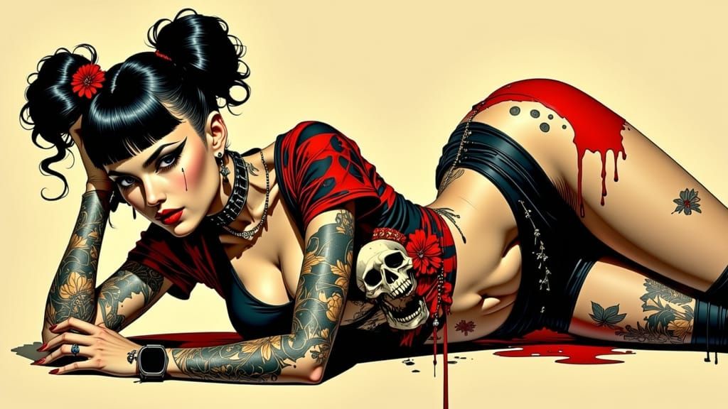 Rockabilly Punk Woman Illustration in Noir Style