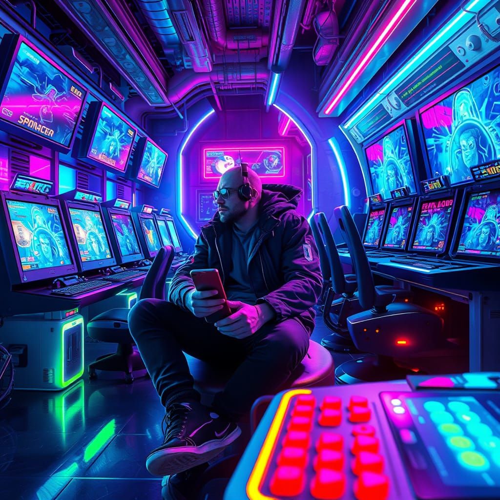 Gamer in Futuristic Game Room with Neon Lights