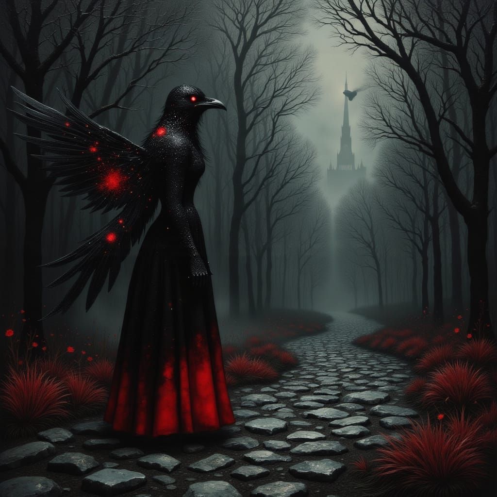 A Gothic Crow Guides a Woman Through the Dark Forest