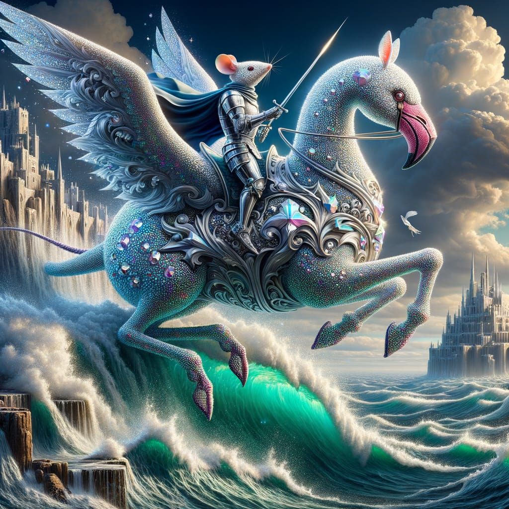 A mouse wearing armor is riding a majestic hybrid animal int...