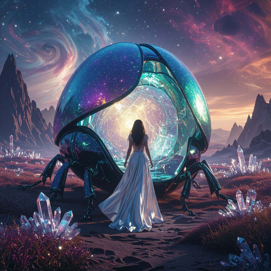 Woman Enters Giant Jewel Beetle Shell in Surreal Landscape
