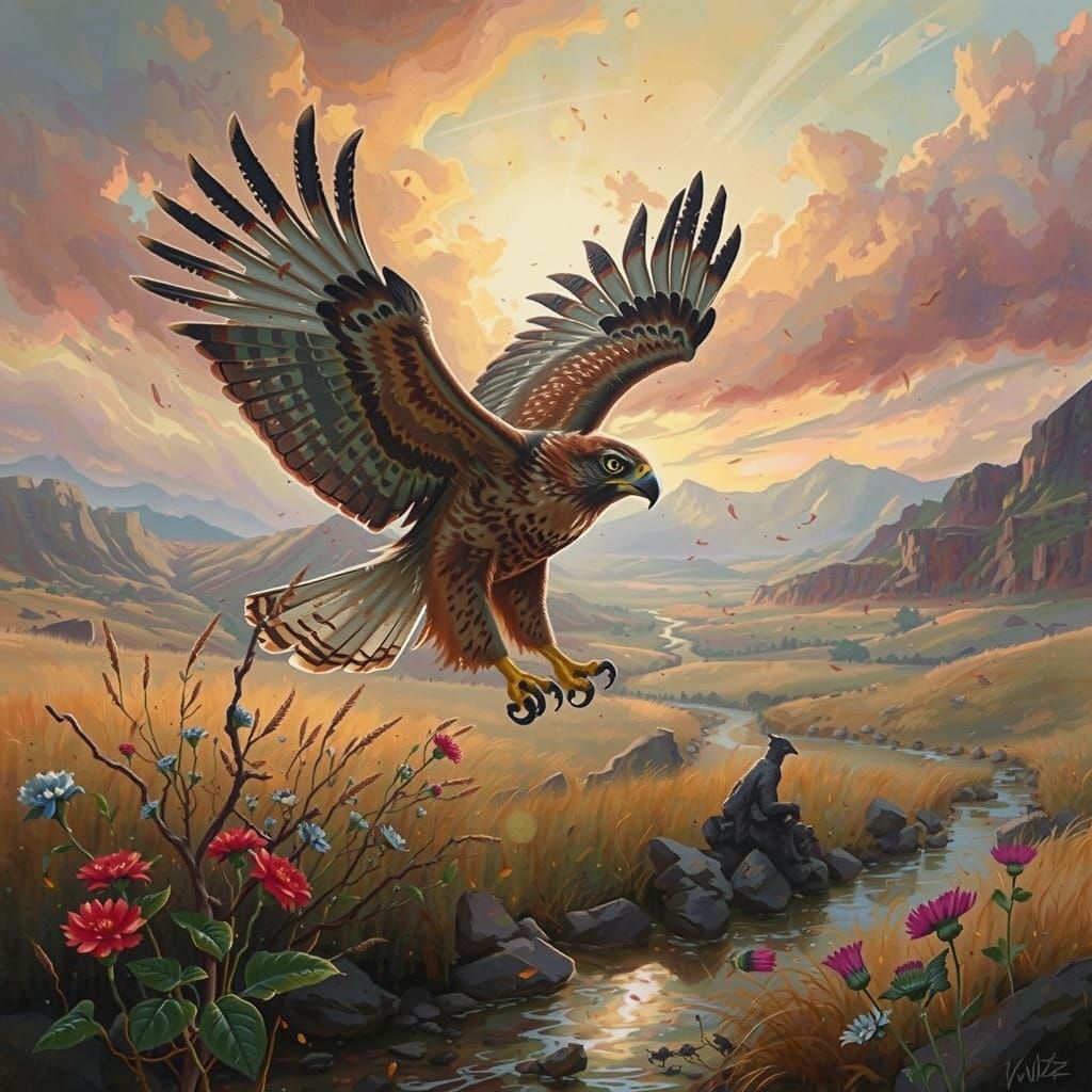 Red-Tailed Hawk Over Grassland as Watercolor Painting