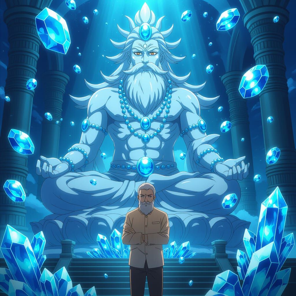 Man Before Gemstone Deity in Anime Style