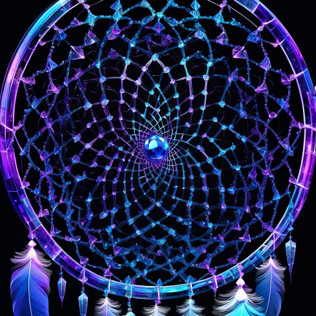 Elegant Crystal Dreamcatcher in Vibrant Neon Blues and Purpl...