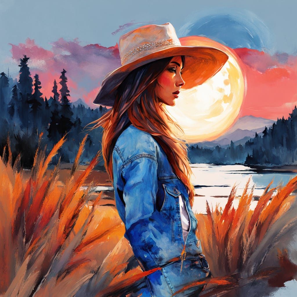 Woman in Blue Jeans, Sunset Summer Scene in Digital Watercol...