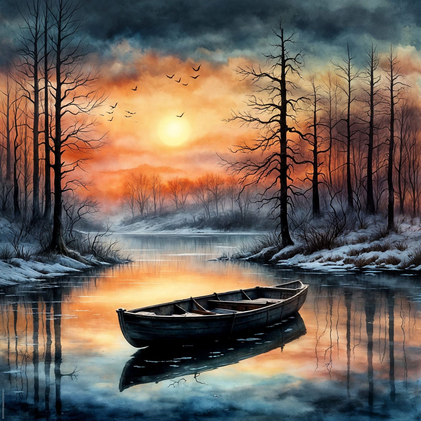 Dramatic Winter LakeScene in Dark Fantasy Style