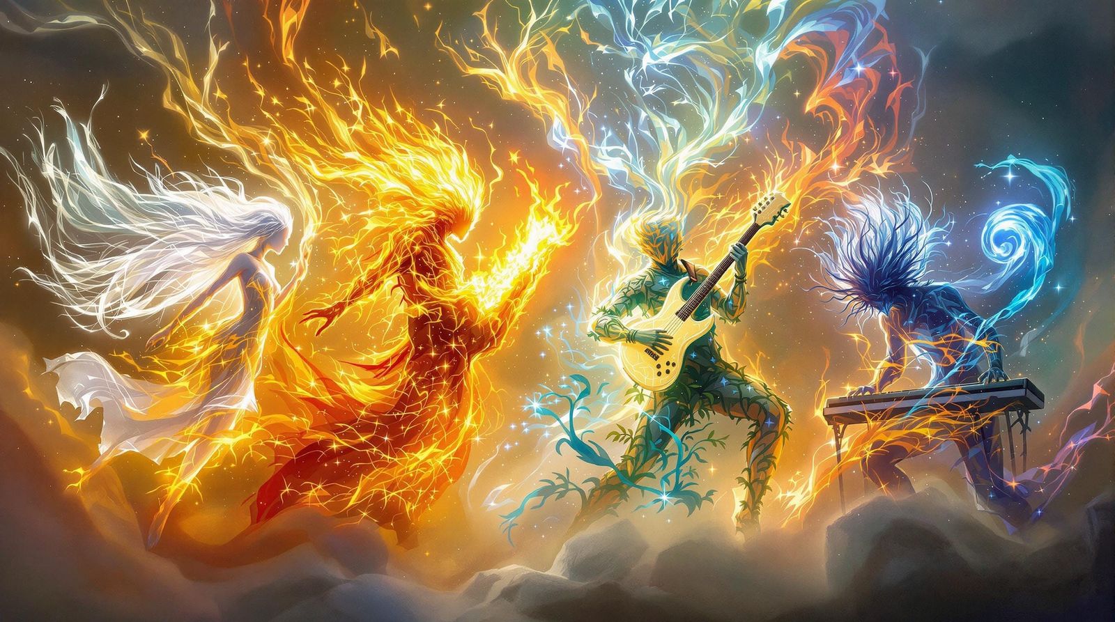 The Four Elements in Harmony as Mystical Music Makers