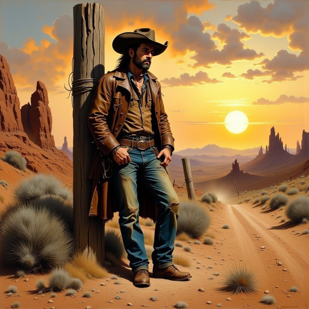 Weathered Cowboy in Sun-Scorched Western Landscape