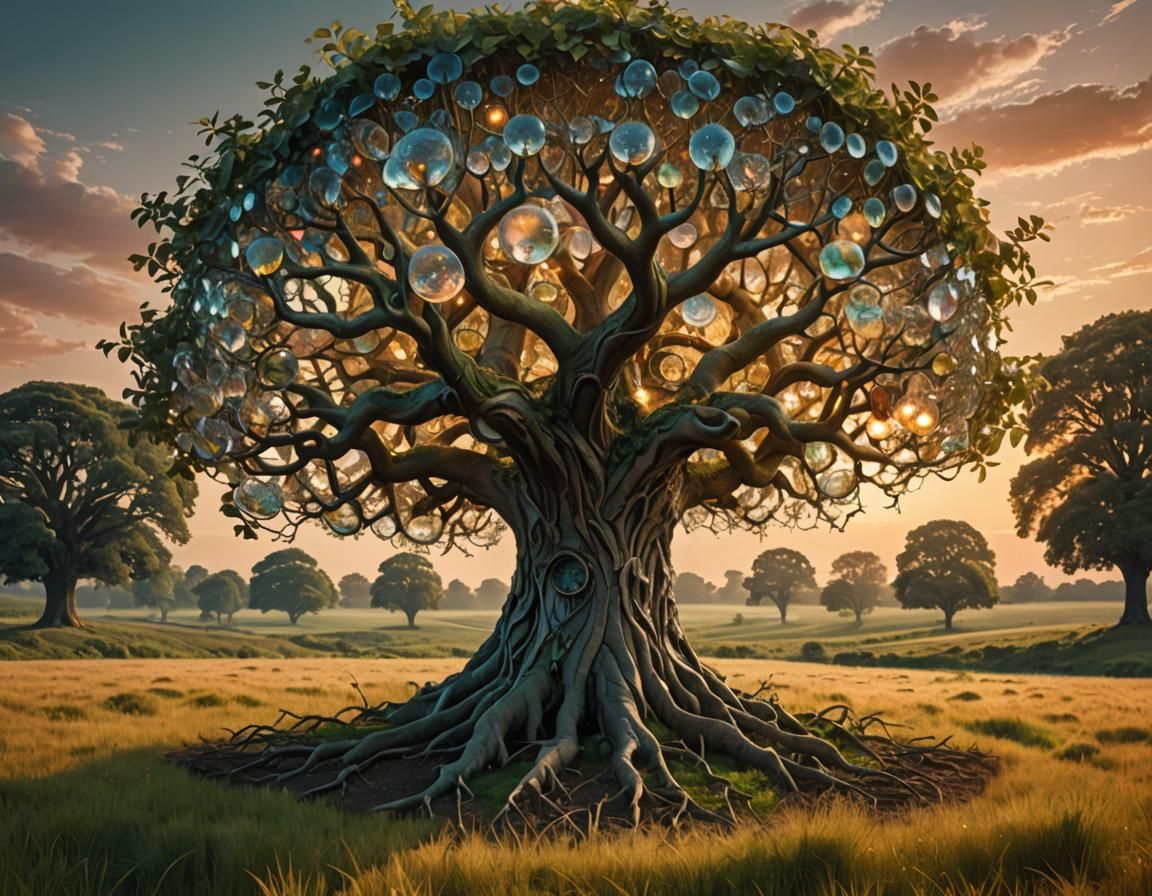 Surreal Autumn God in Radiant Crystal Yggdrasil Tree