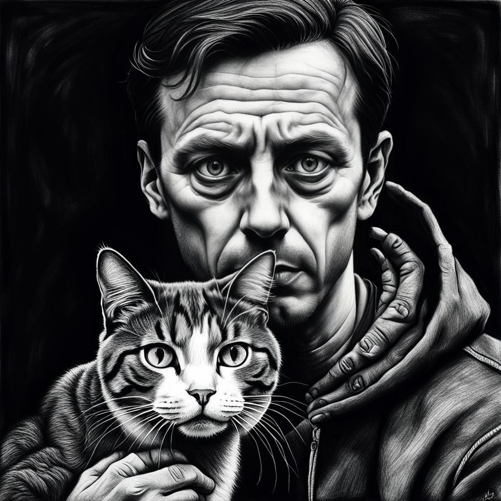 Silhouetted Figure and Feline in Despair