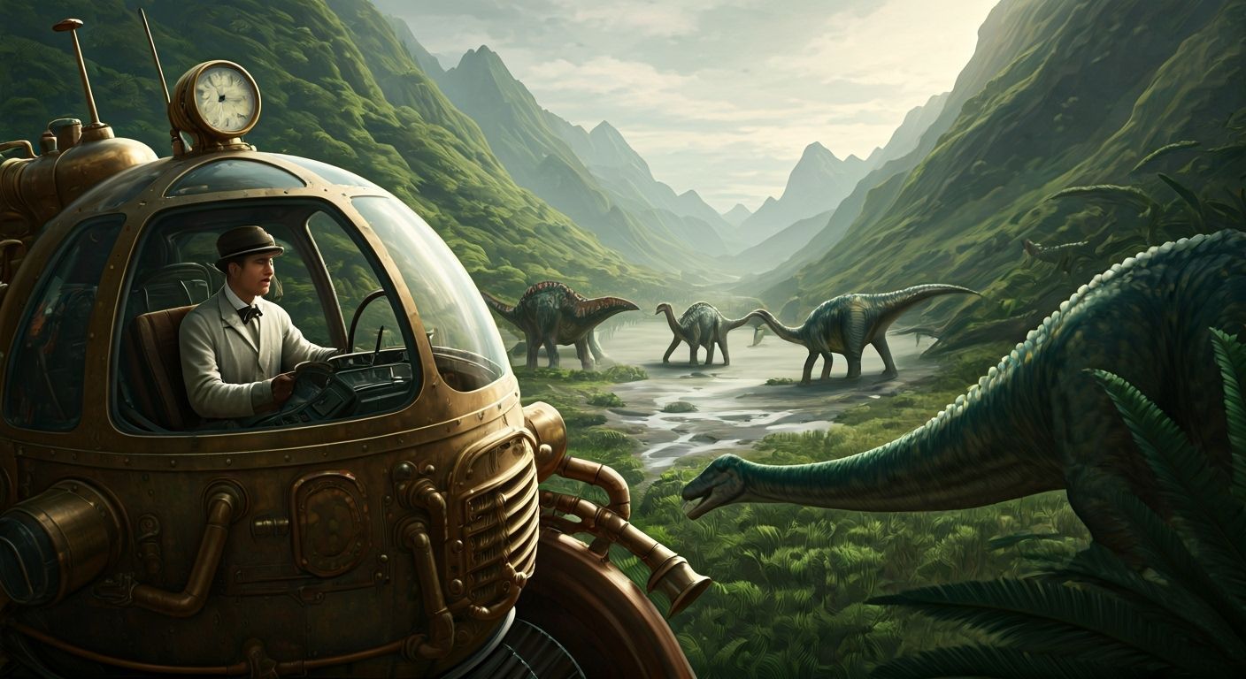 Steampunk Time Traveler Visits Dinosaurs in Lush Valley
