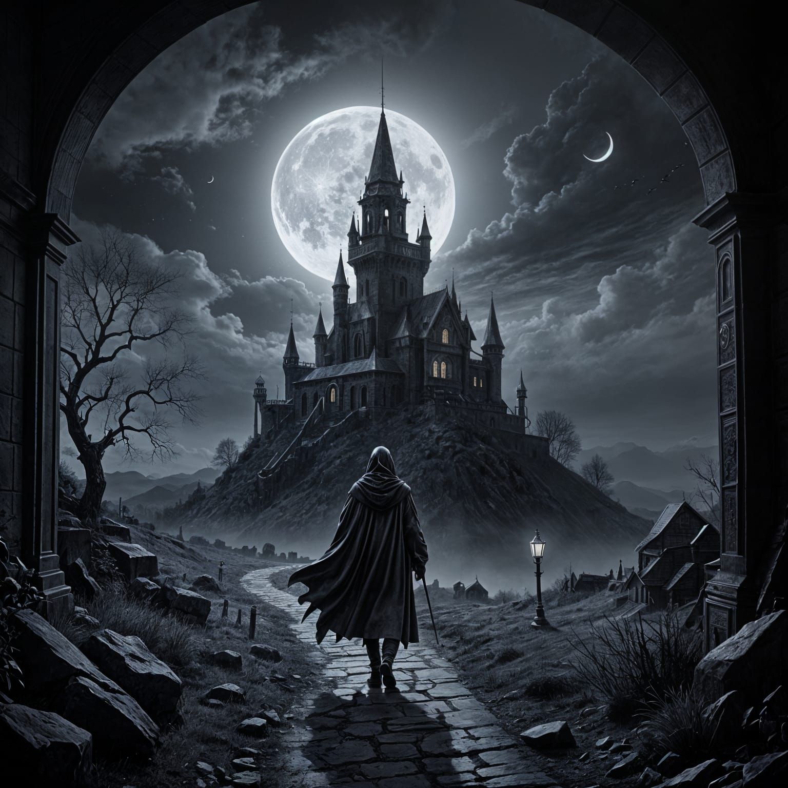 Tired Traveler Walks Towards Moon House in Charcoal Drawing