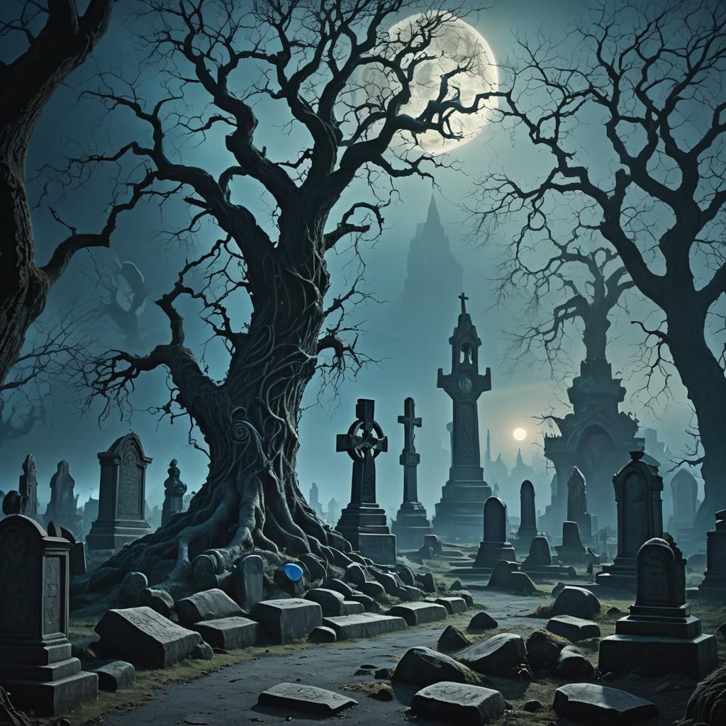 Ethereal Graveyard Scene in Mystical Romantic Style
