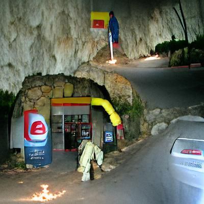 Elevator Descends into Dark Cave Gas Station