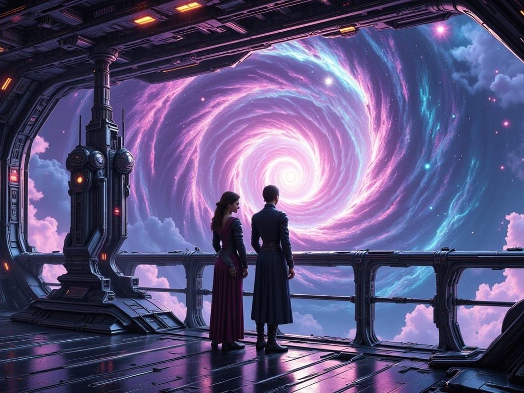 Galactic Horizon: Futuristic Starship Captains Gaze Out at I...