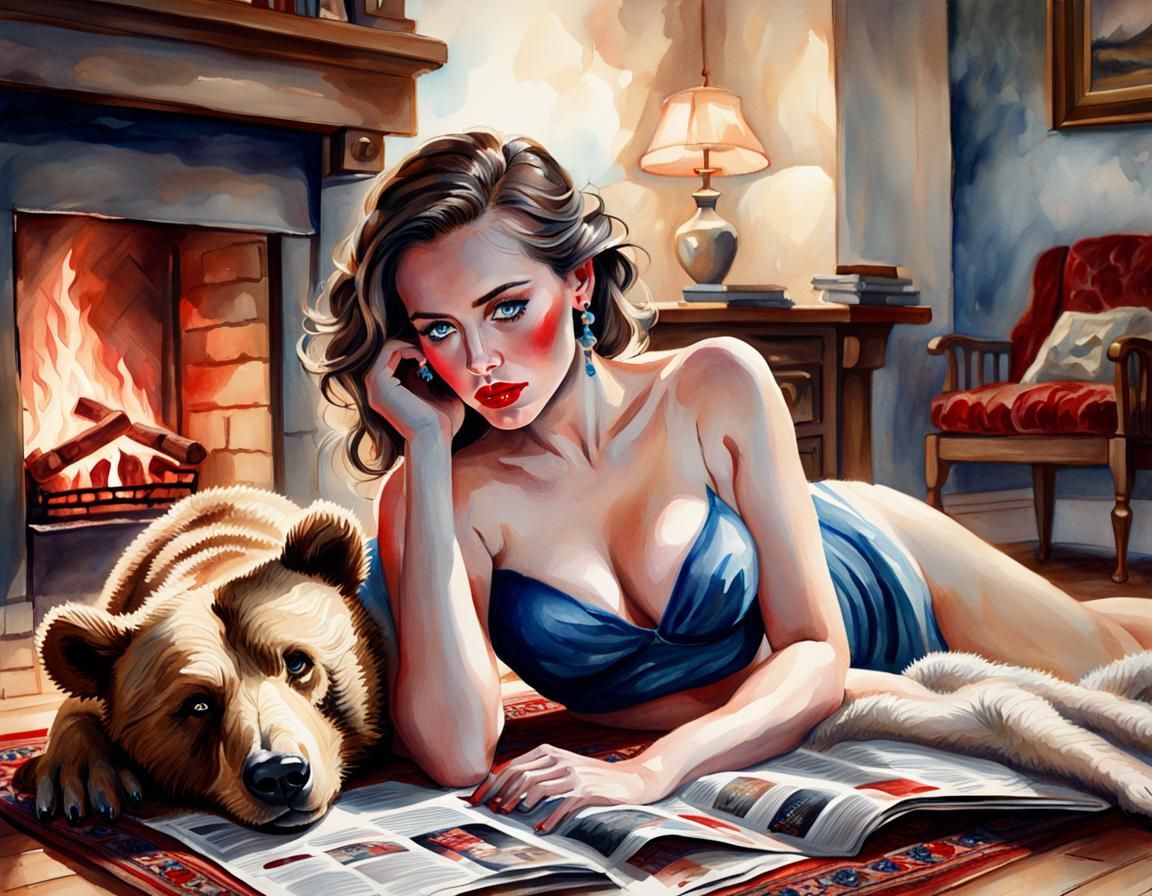 Elegant Woman Reading by Fireplace in Watercolor