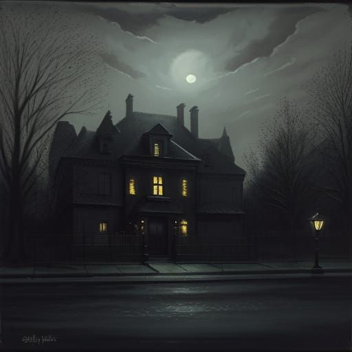 Mysterious Oil Painting of an Ominous Townhouse at Night