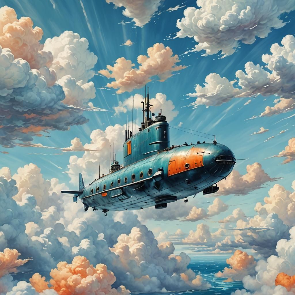 Dreamlike Submarine Battles the Sky in Vibrant Watercolor Hu...