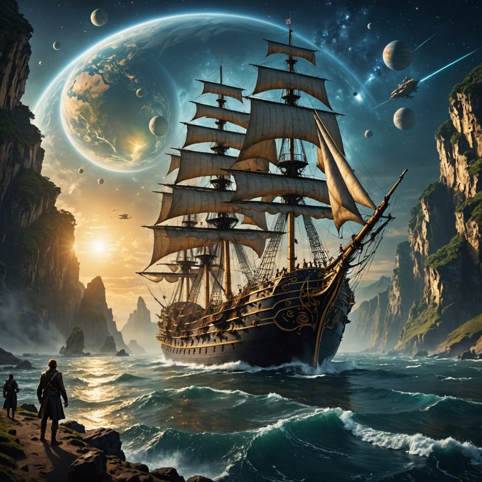 Golden Ship Sailing to New Earth in Space