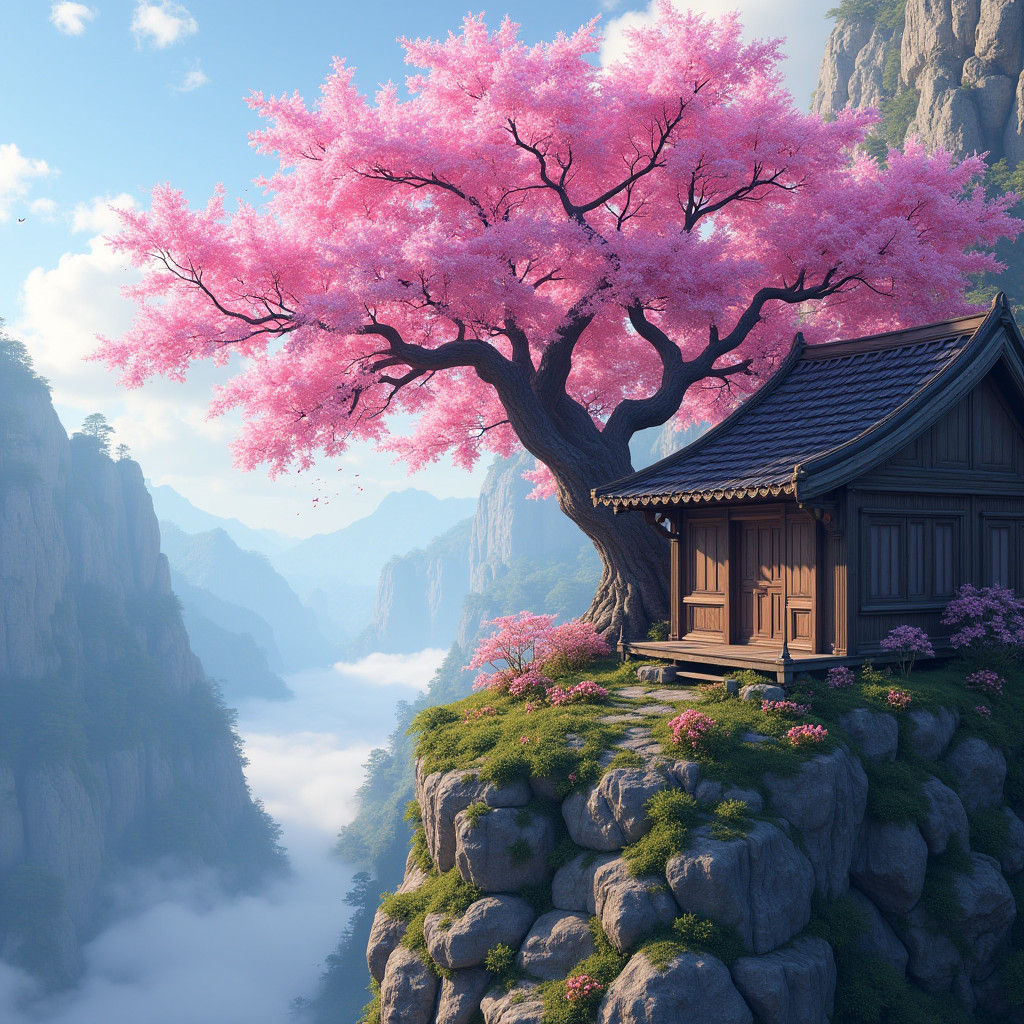 Vibrant Sakura Tree in a Dreamlike Cliffside Village