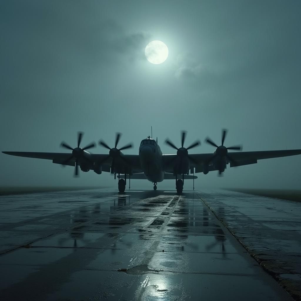 Weathered RAF Lancaster Bomber on Rain-Soaked Airfield Runwa...