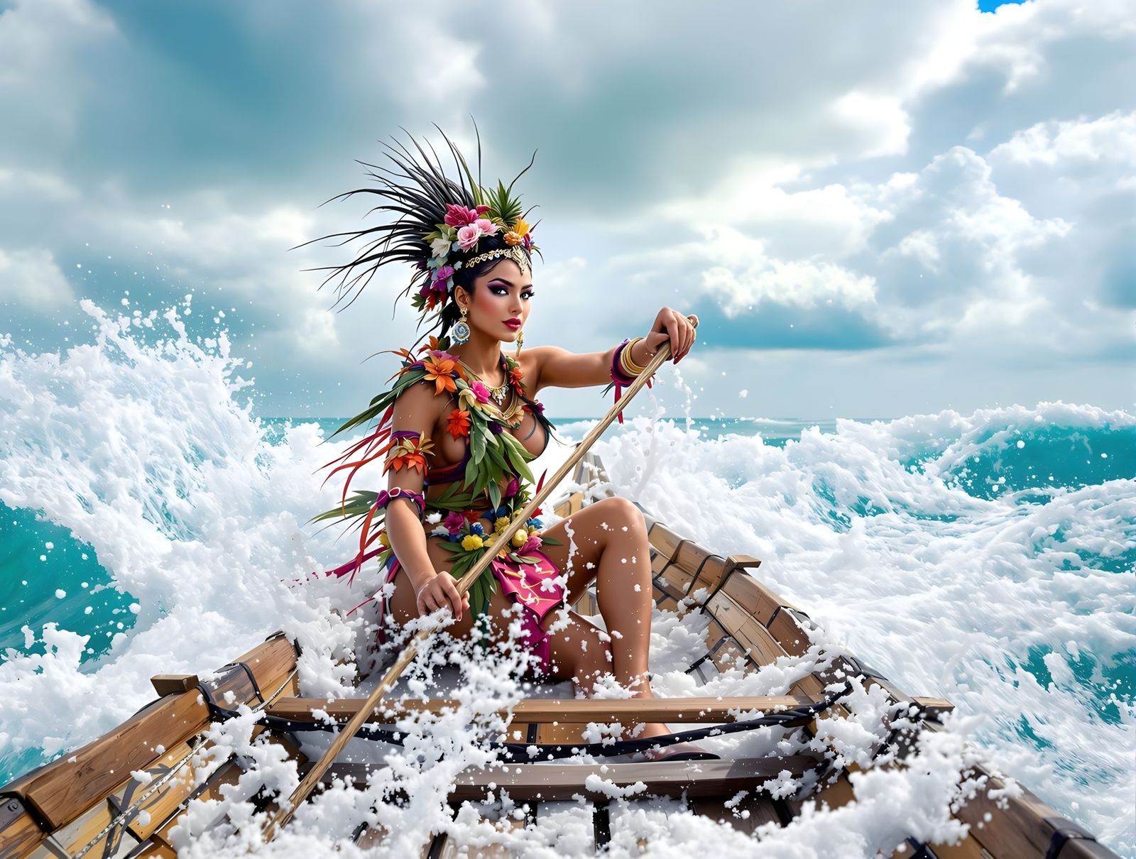 Confident Woman Navigates Ocean Waves in Traditional Boat