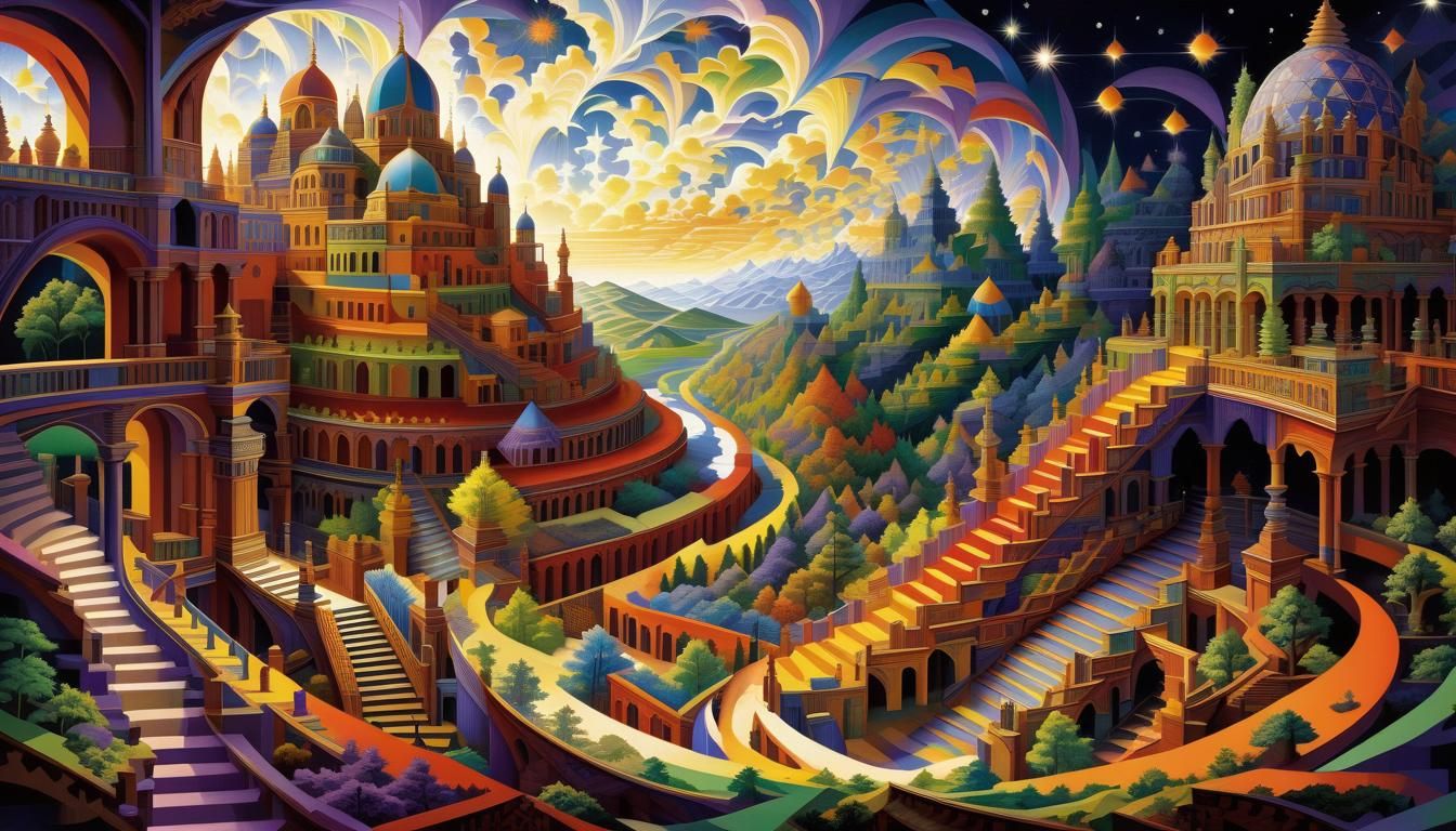 Vibrant Tessellation Landscape in Escher Style