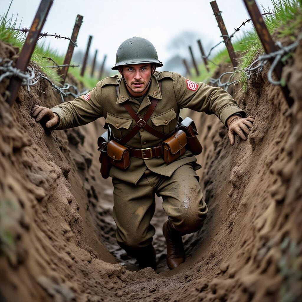 WWI Soldier Charging from Trench with Barbed Wire