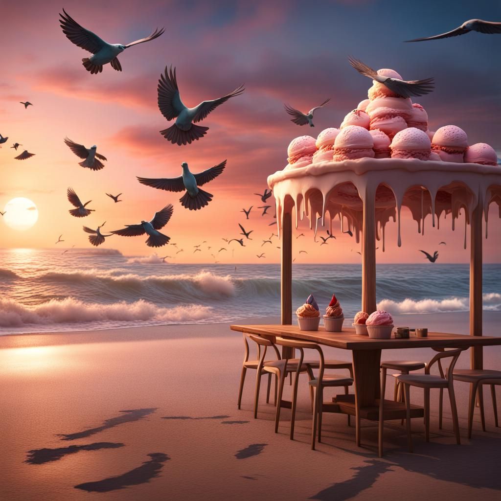 Romantic Beach Sunset with Sweet Treats and Avian Friends