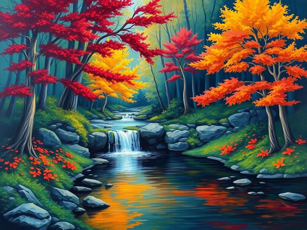 Vibrant Impressionist Autumn Forest Waterfall