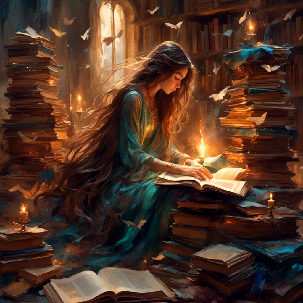 A Woman Lost in the Serenity of Stacked Books