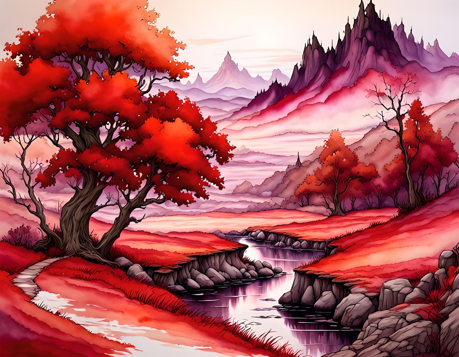 A beautiful landscape scene, palette shades of red