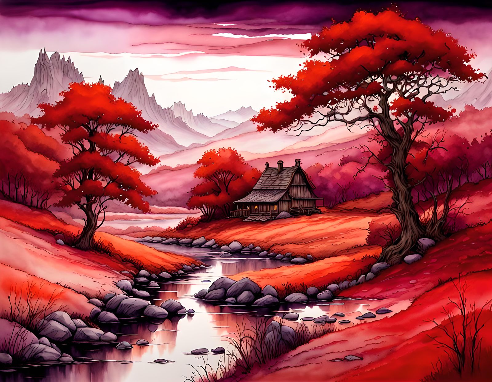 A beautiful landscape scene, palette shades of red
