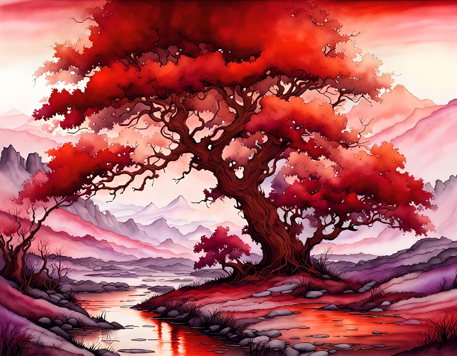 A beautiful landscape scene, palette shades of red