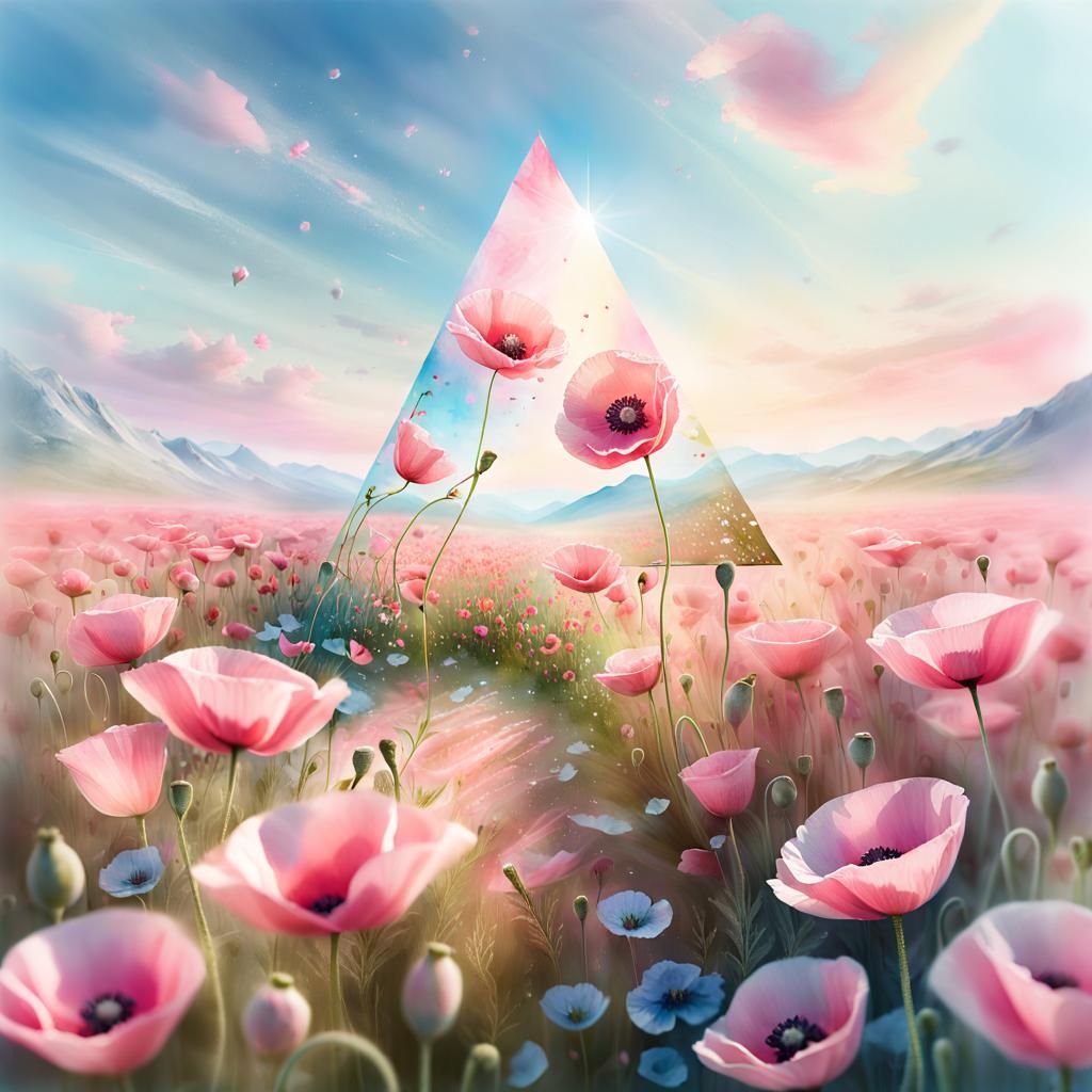 Surrealism Masterpiece: Serene Meadow with Eternal Triangle....