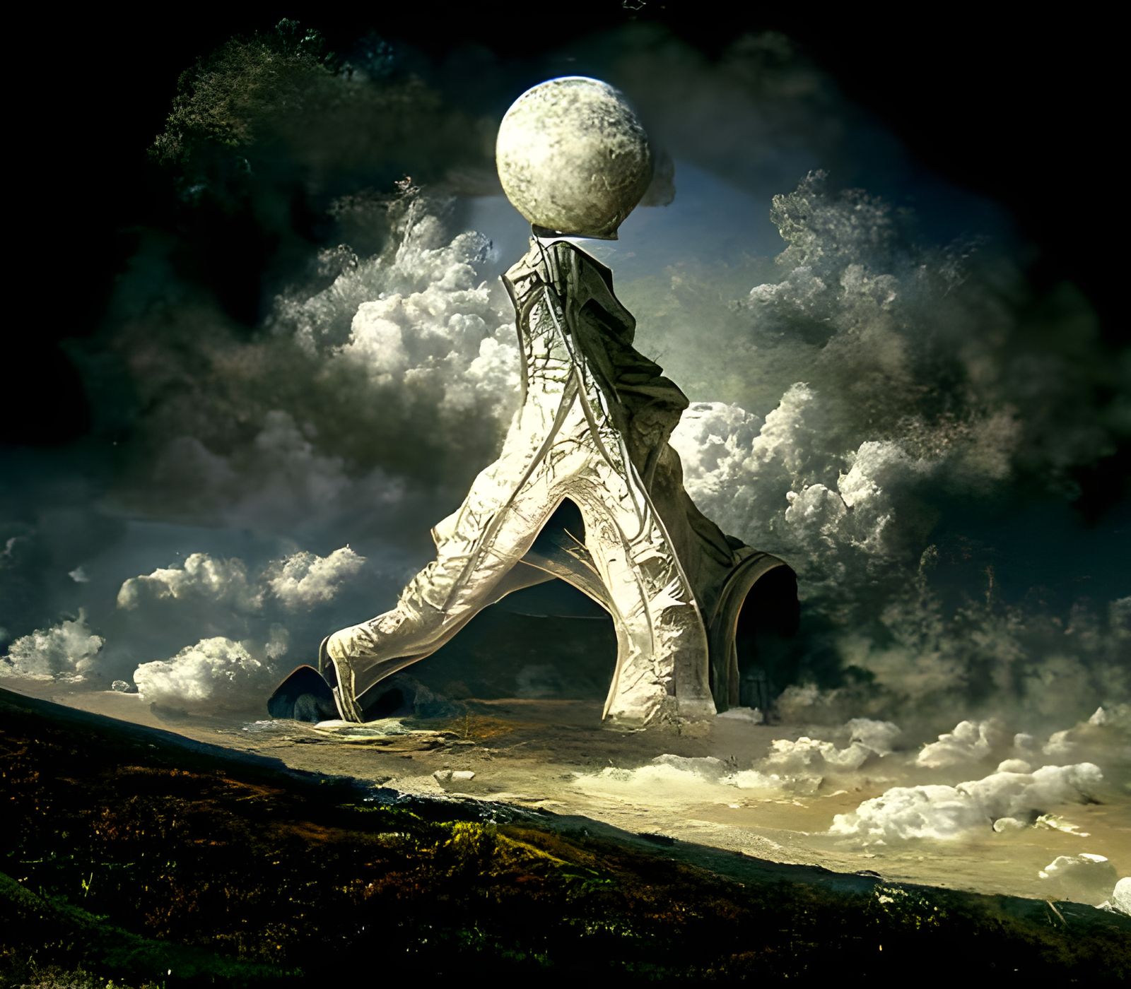 Surreal Cyberpunk World Walker stands atop a Curved Metal Ar...