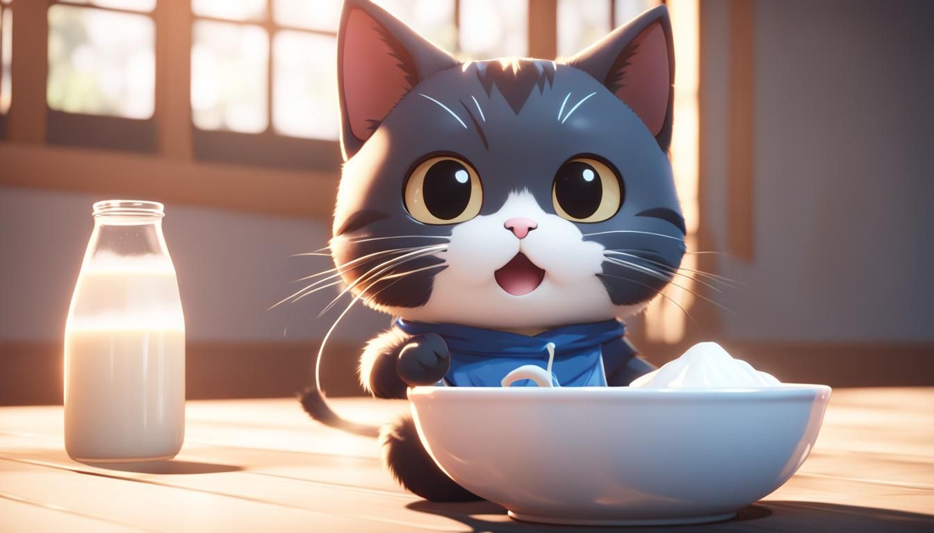 Chibi Cat Drinks from a Vast Anime-Inspired Milk Bowl in 8K